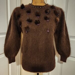 Vintage HF Genuine Fur Detailed Beaded Sweater Brown Soft Unique Balloon Sleeves